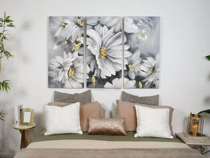 Detailansicht des handgemalten modernen Gemäldes mit weißen Gänseblümchen, 100x150cm, perfekt verarbeitet mit Acrylfarben auf Leinwand.