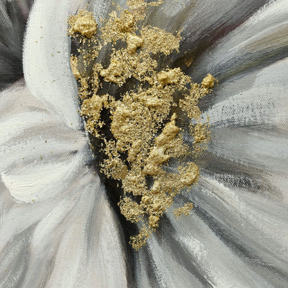Vollansicht des handgemalten modernen Gemäldes mit weißen Gänseblümchen auf grauem Hintergrund, unterstreicht den eleganten Stil jedes Raumes.