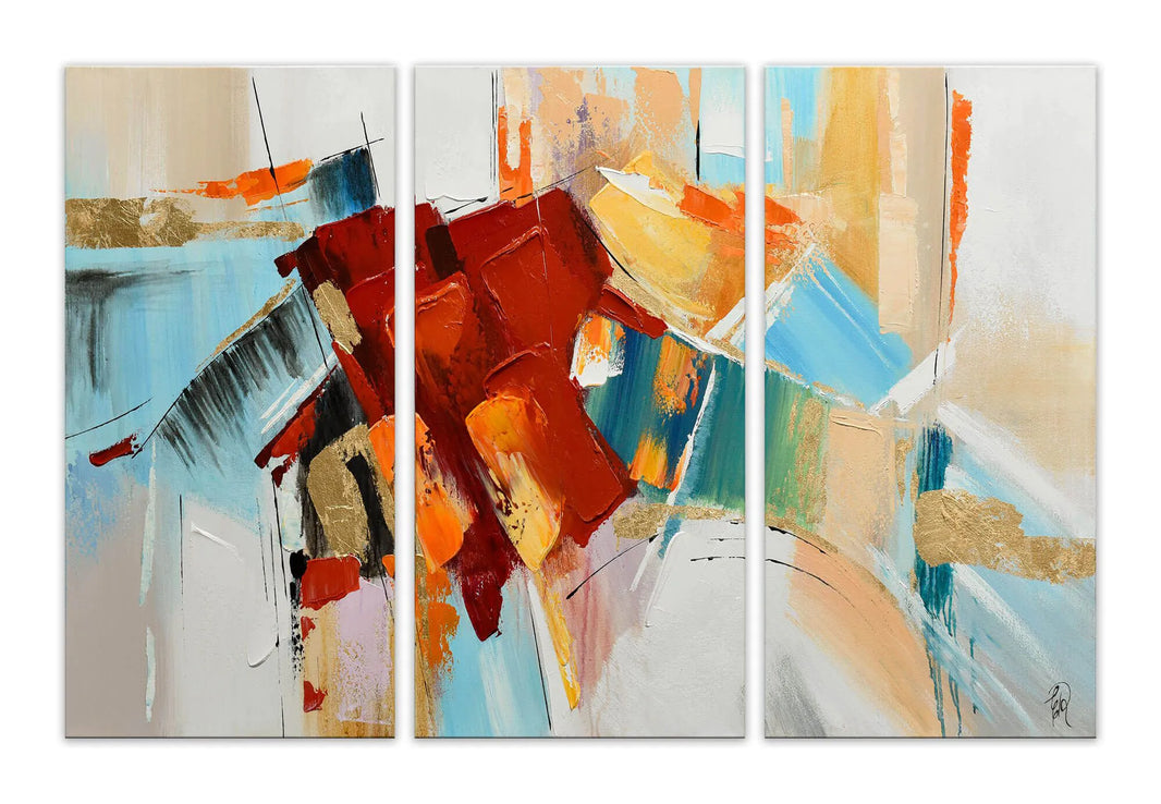 Handgefertigtes modernes Wandgemälde 100x150 cm in abstrakt mehrfarbig. Farbige Dreiteilige Komposition mit lebendigen Acrylfarben, die einen dynamischen Effekt erzeugt.