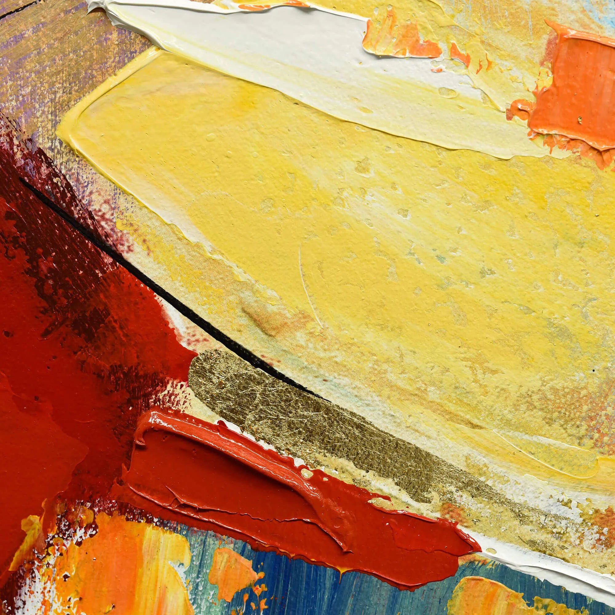 Detailaufnahme der Farbtechniken auf dem handgefertigten modernen Wandgemälde 100x150 cm. Strukturen und Farbschichten verleihen dem Werk einen einzigartigen Charakter.