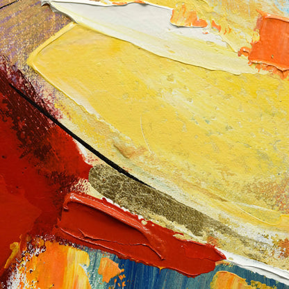 Detailaufnahme der Farbtechniken auf dem handgefertigten modernen Wandgemälde 100x150 cm. Strukturen und Farbschichten verleihen dem Werk einen einzigartigen Charakter.