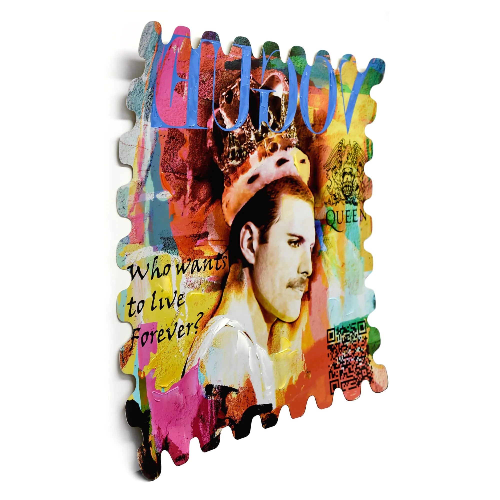 Freddie Mercury Hommage Gemälde – 3D Pop Art Wandskulptur auf Aluminiumplatte, modernes Design, ideal für Wohnzimmer und Arbeitsräume.