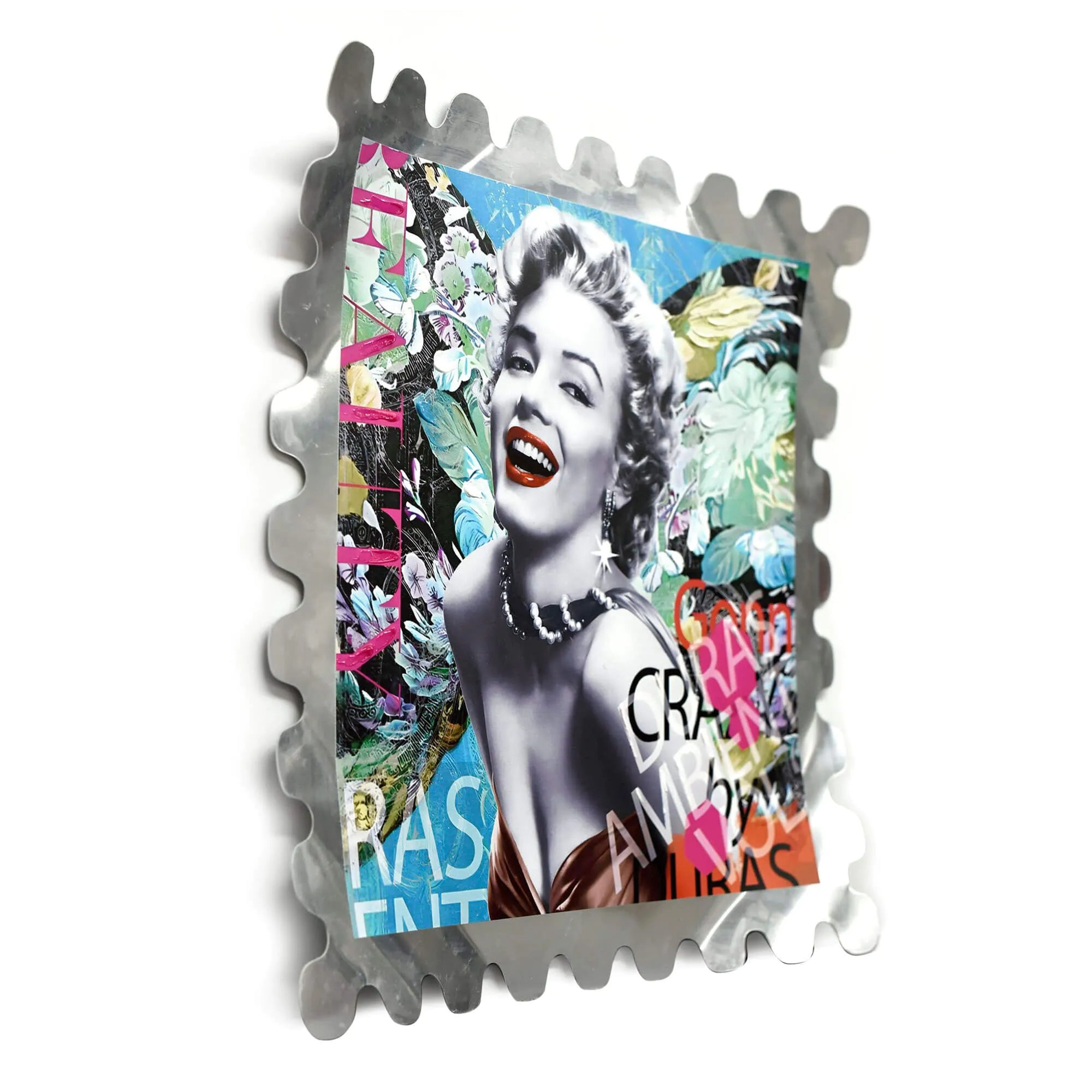 Künstlerische Darstellung des Wandbildes, das als Hommage an Marilyn Monroe dient, aus 50x50cm dekorierter Aluminiumplatte, schafft faszinierende 3D-Optiken.