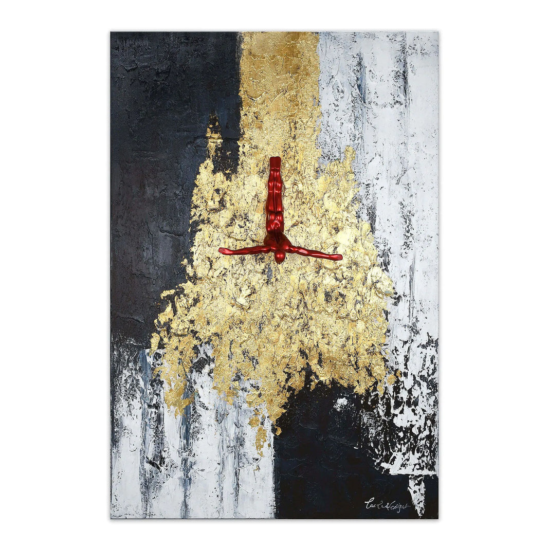 Handgefertigtes modernes figuratives Wandgemälde „Sprung Ins Gold“ in 120x80cm, das eine goldene Struktur mit einem roten Skulpturen-Element zeigt.