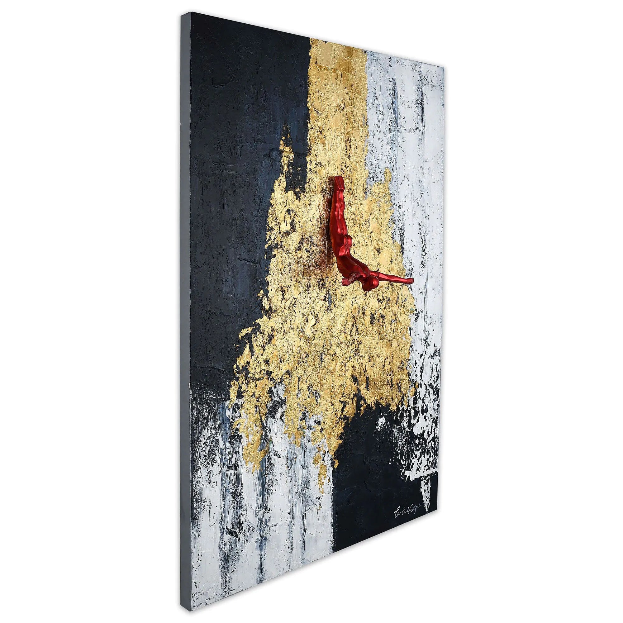 Handgefertigtes modernes figuratives Wandgemälde „Sprung Ins Gold“ mit einer beeindruckenden rot-goldenen Komposition und 3D-Effekten, 120x80cm, Made in Italy.