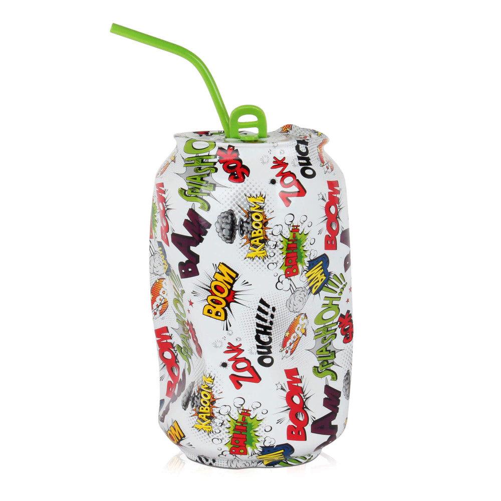 Zerdrückte Dose Pop Art Skulptur mit bunten Comic-Motiven und Trinkhalm, gefertigt aus hochwertigem Harz, ideal als modernes Kunstwerk zur Dekoration.